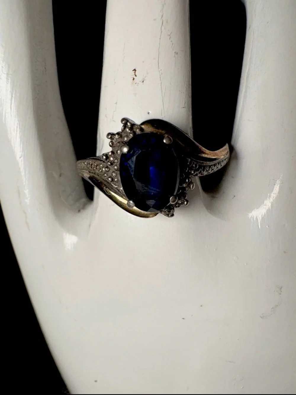 Vintage 925 Sterling Silver 10K Gold Genuine Oval Blue Sapphire Ring Size 7